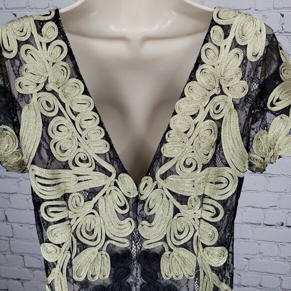 JS Collections Black Gold Overlay Lace Short Sleeve Lined Long Formal Dress 12 - Picture 9 of 14